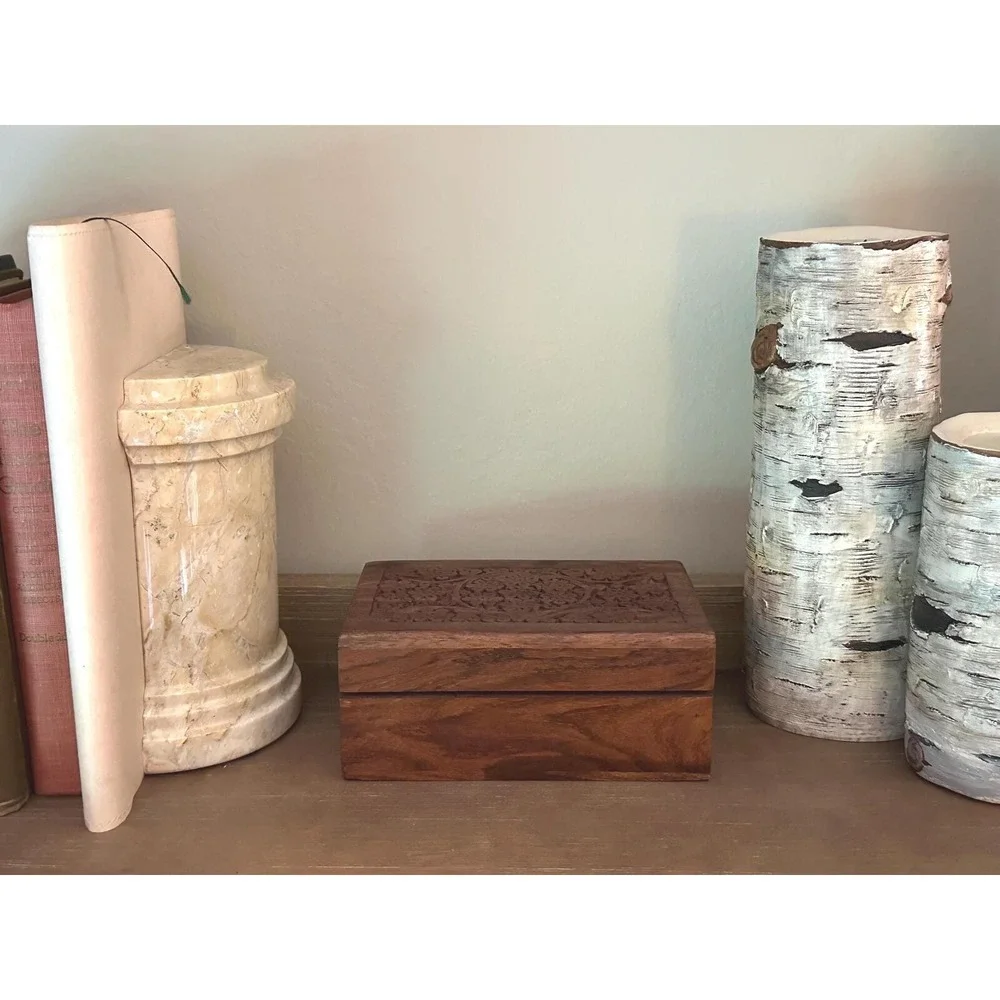 Vintage MCM Wooden Hand-Carved Hinged Lid Keepsake Box